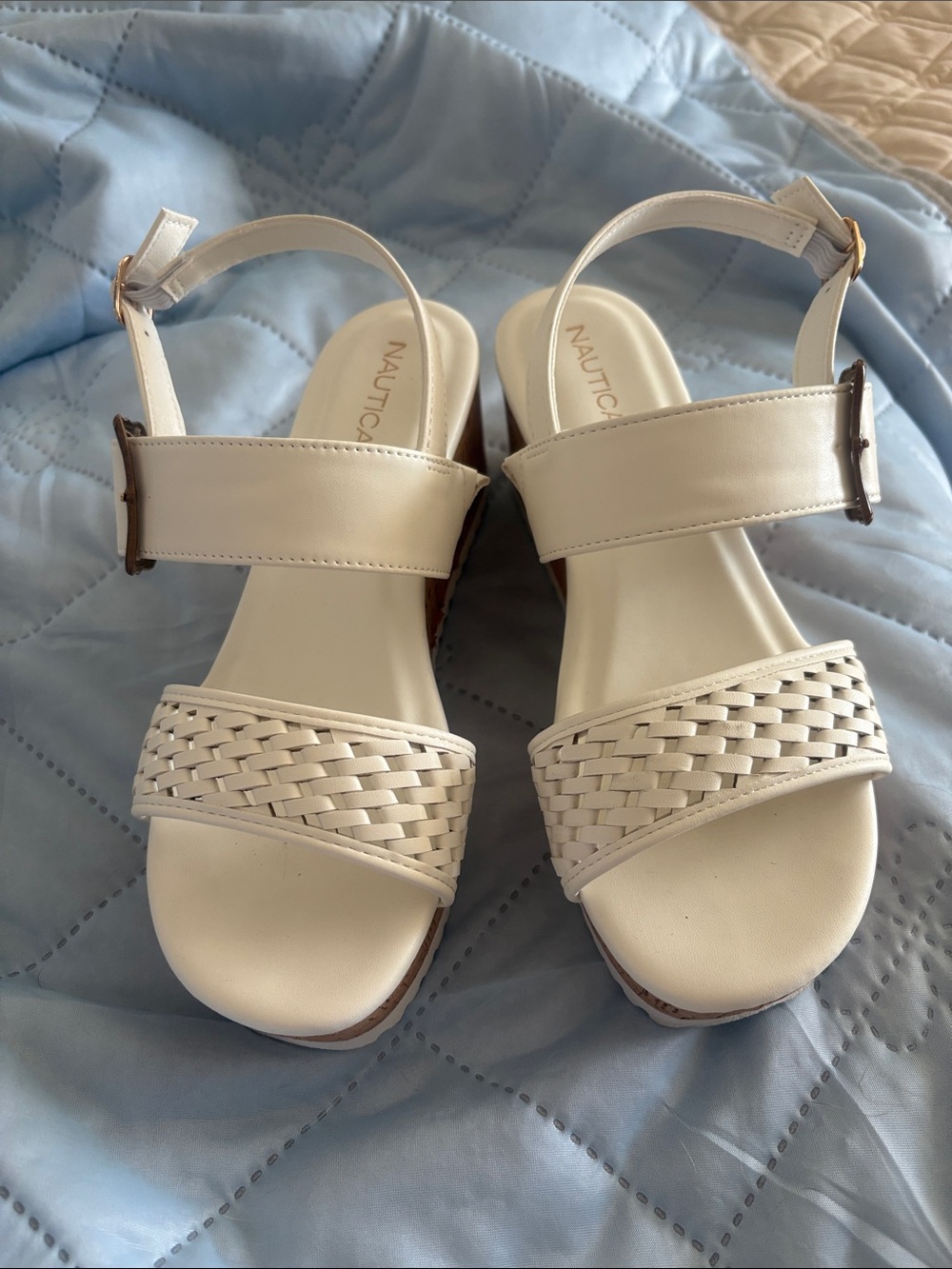 Nautica Cream Woven-Strap Wedge Sandals